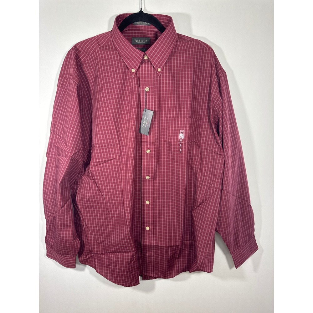 Van Heusen Mens XL Burgundy Windowpane Wrinkle Free Broadcloth Button Down Shirt